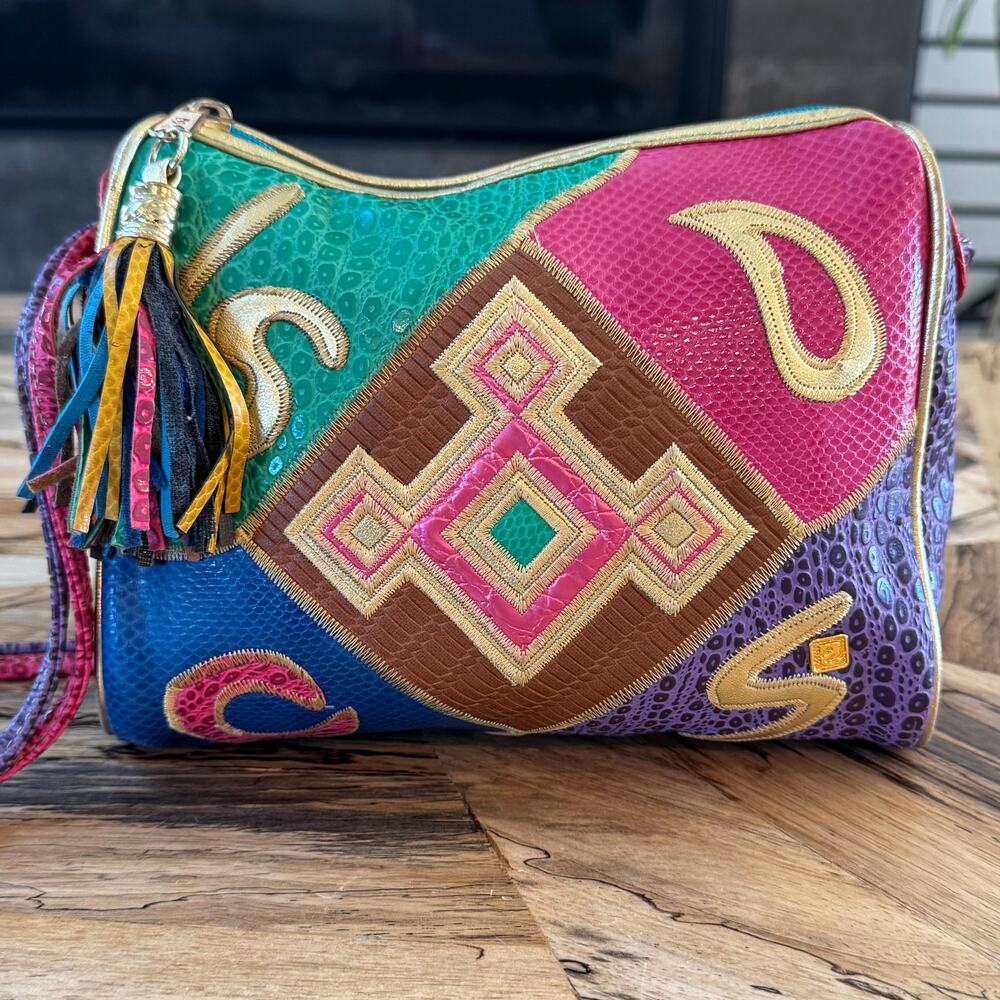 VTG 80s NAS Bag Alention Ld Patchwork Crossbody Exotic Reptile Tassel Maximalist - Picture 6 of 16